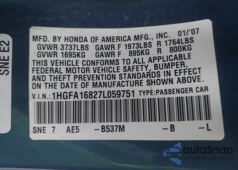 2007 Honda Civic Ex from USA, damaged, VIN 1HGFA16827L059751